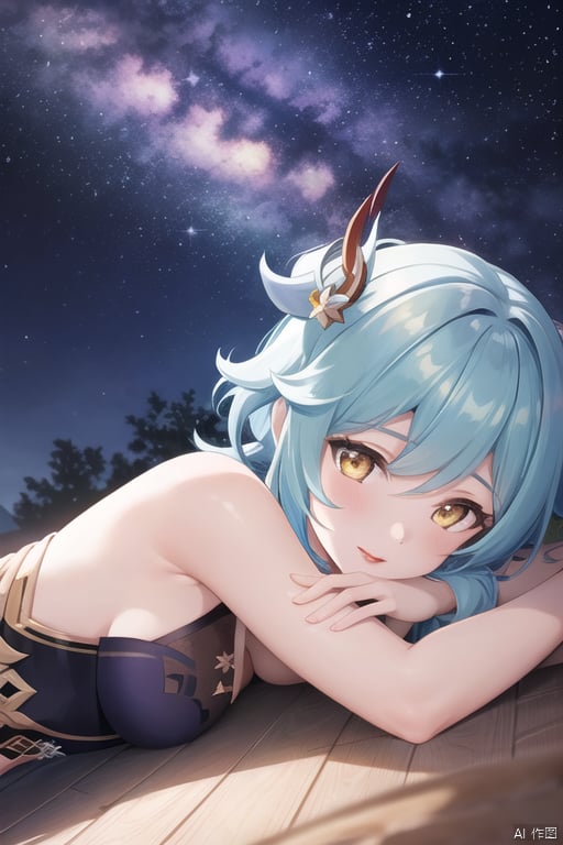 Layla _(genshin_impact_),laiyilalp,1girl,solo,red lips,game cg,upper body,outdoors,yellow eyes,night,starry sky,stars,the milky way,lie down,lie,lying,