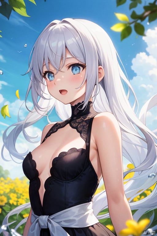 super fine illustration,masterpiece, best quality,{beautiful detailed eyes},1girl,finely detail,Depth of field, 4k wallpaper,bluesky,cumulus,wind,insanely detailed frills,extremely detailed lace,BLUE SKY,very long hair,Slightly open mouth,high ponytail,silver hair,small Breasts,cumulonimbus capillatus,slender waist,There are many scattered luminous petals,Hidden in the light yellow flowers,Depth of field,She bowed her head in frustration,Many flying drops of water,Upper body exposed,Many scattered leaves,branch ,angle ,contour deepening,cinematic angle ,{{{Classic decorative border}}}