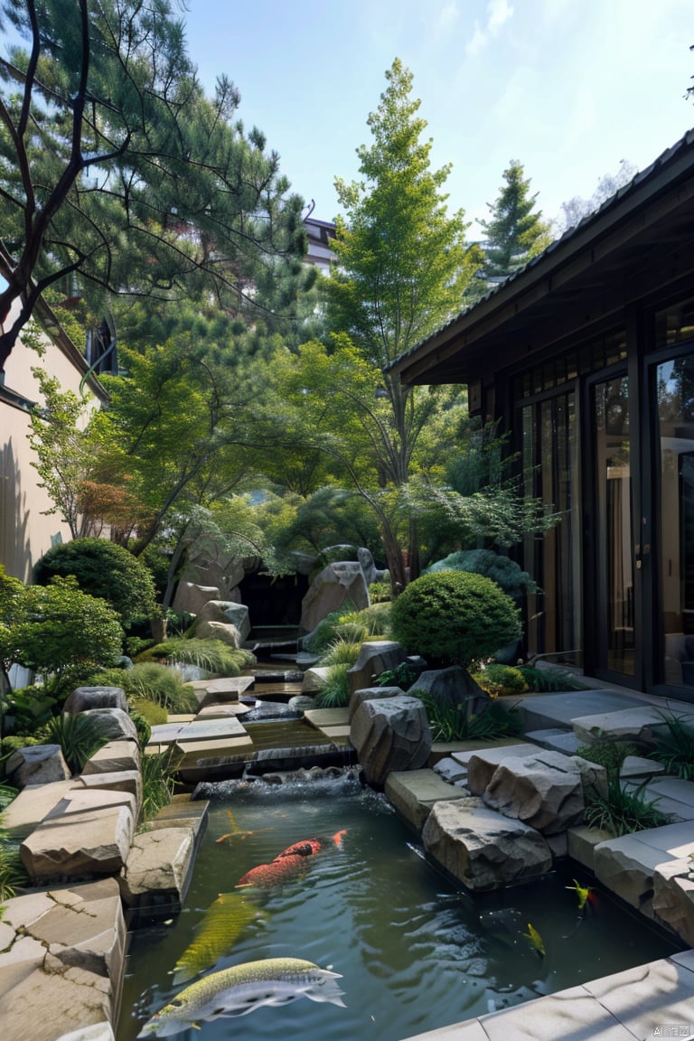 beautiful courtyard, fish pond, pine, maple, stone, a road, ((Best quality)),((Best quality)),((realistic)),((exterior view)),photo realistic,(masterpiece),orante,super detailed,intricate,photo like image quality, yard, outdoor