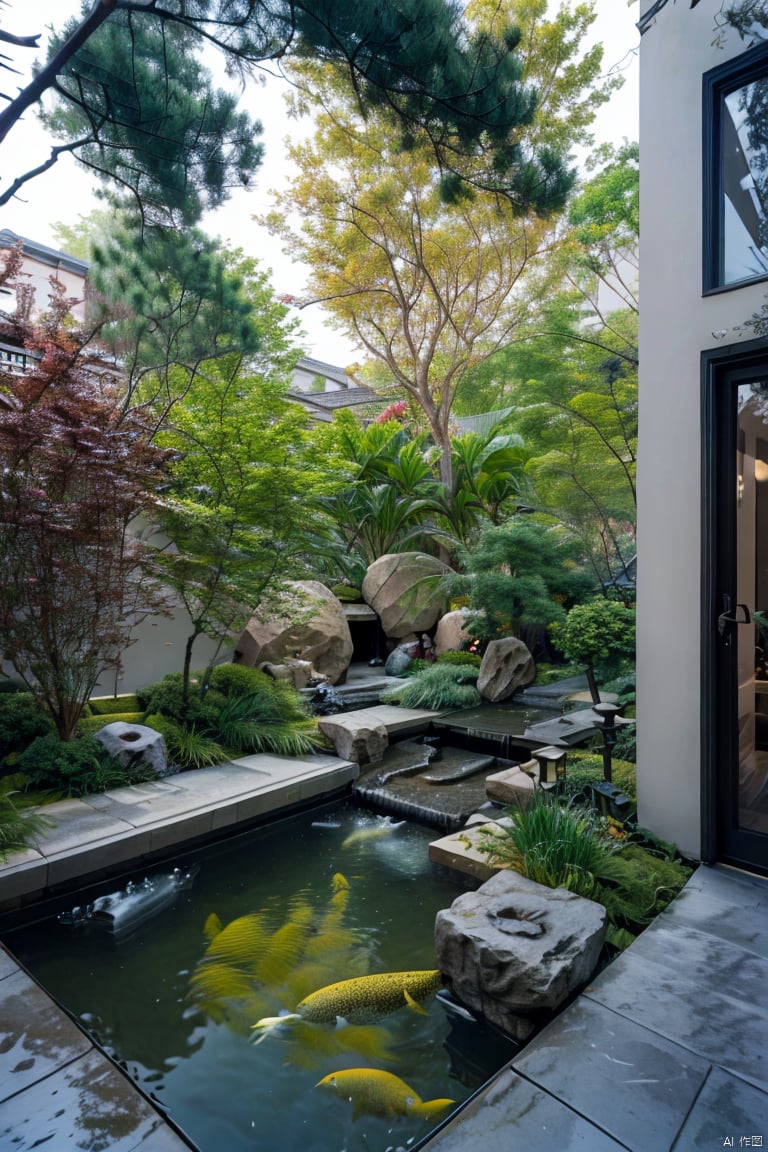 beautiful courtyard, fish pond, pine, maple, stone, moss,((Best quality)),((Best quality)),((realistic)),((exterior view)),photo realistic,(masterpiece),orante,super detailed,intricate,photo like image quality, yard, outdoor