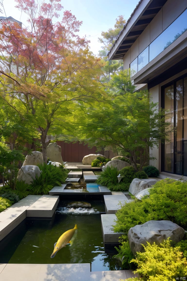 beautiful courtyard, fish pond, pine, maple, stone, a road, ((Best quality)),((Best quality)),((realistic)),((exterior view)),photo realistic,(masterpiece),orante,super detailed,intricate,photo like image quality, yard, outdoor