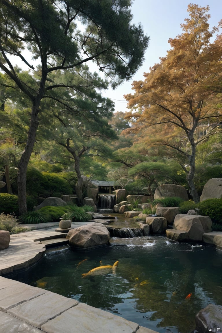  beautiful courtyard, fish pond, pine, maple, stone, moss,((Best quality)),((Best quality)),((realistic)),((exterior view)),photo realistic,(masterpiece),orante,super detailed,intricate,photo like image quality, yard, outdoor