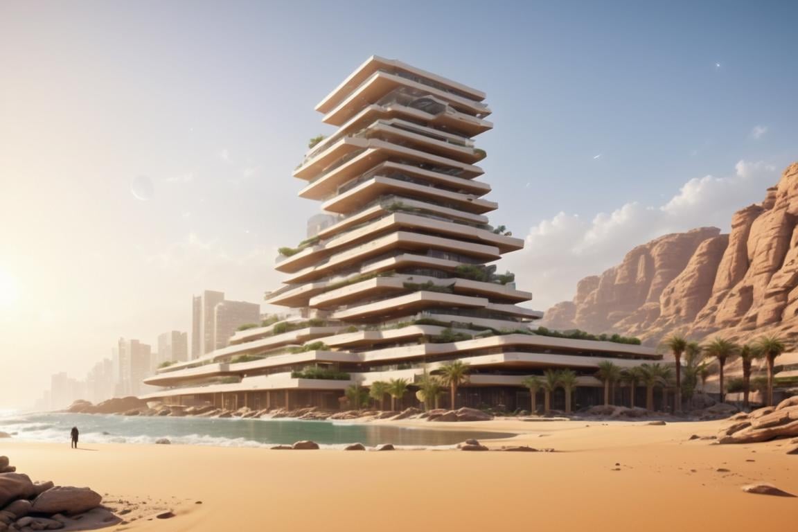 (future city,  Shopping malls,  department stores,  hotels and commercial offices on a rocky coast,  in a desert oasis,  half buried in the sand:1.3),  (avant-garde,  future,  reality,  science fiction,  photorealistic),  (modern architecture:1.2),  (Large Files,  Ultra Realistic,  8K,  16k,  FHD,  HD,  VFX,  Perfect,  Photography,  composition,  Architecture Sales Photography,  Architecture Competition,  Ultra High Resolution,  Cinematography,  High Resolution Image:1.1),  (dramatic lighting,  direct sunlight,  ray tracing,  clear shadow:1.2),  (real landscape:1.1),  (blurred background:1.0),  (urban background,  more_details),  , horizontal,<lora:EMS-274228-EMS:0.400000>,<lora:EMS-301227-EMS:1.100000>,<lora:EMS-61413-EMS:0.400000>