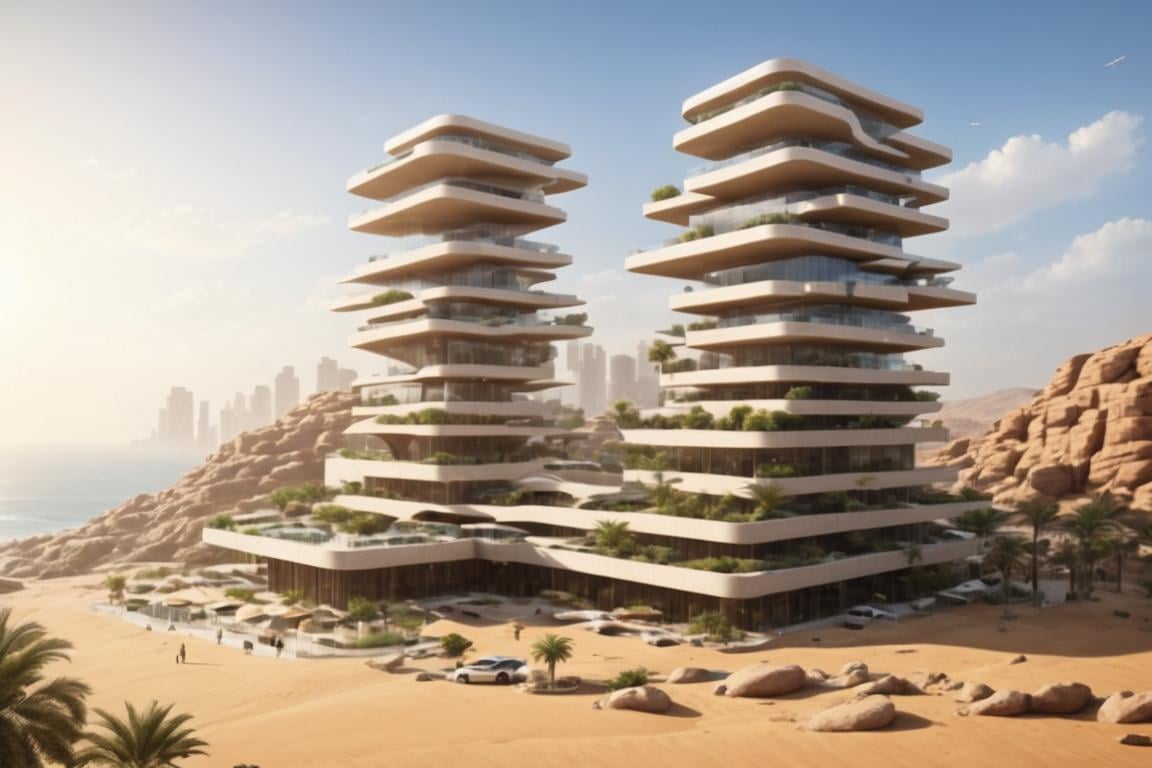 (future city,  Shopping malls,  department stores,  hotels and commercial offices on a rocky coast,  in a desert oasis,  half buried in the sand:1.3),  (avant-garde,  future,  reality,  science fiction,  photorealistic),  (modern architecture:1.2),  (Large Files,  Ultra Realistic,  8K,  16k,  FHD,  HD,  VFX,  Perfect,  Photography,  composition,  Architecture Sales Photography,  Architecture Competition,  Ultra High Resolution,  Cinematography,  High Resolution Image:1.1),  (dramatic lighting,  direct sunlight,  ray tracing,  clear shadow:1.2),  (real landscape:1.1),  (blurred background:1.0),  (urban background,  more_details),  , horizontal,<lora:EMS-274228-EMS:0.400000>,<lora:EMS-301227-EMS:1.100000>,<lora:EMS-61413-EMS:0.400000>