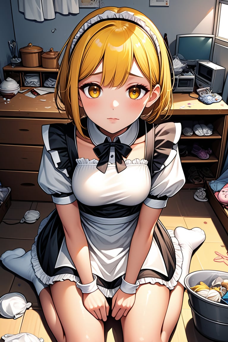 (beautiful girl), lovely girl, anime, (Maid dress), 2 strings dress, on the messy room, short bang straigth yellow hair, maid head band. sitting on the floor, look up to camera. BWcomic