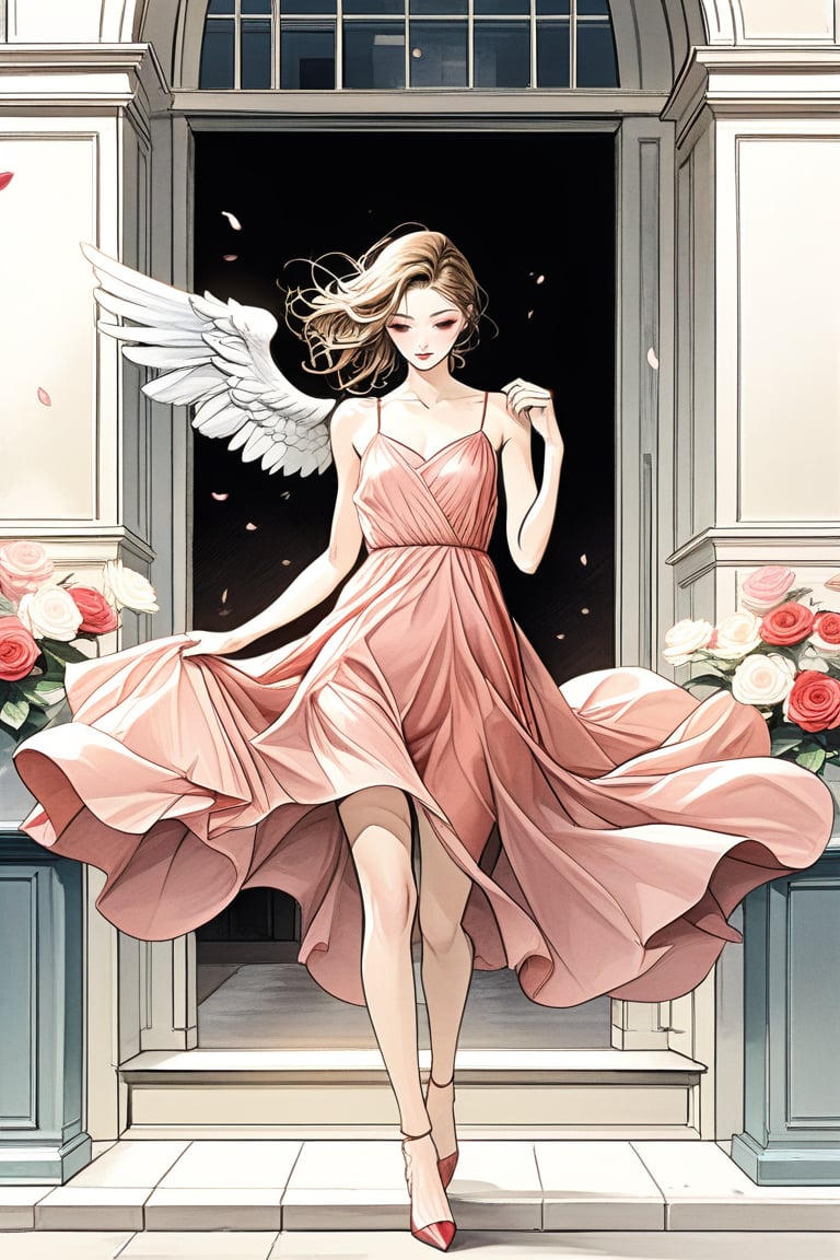 Pretty woman, slim body, red dress, impressive dress, (angel:1.4), walking out of the coffee shop, flowers decoration, natural light. BWcomic