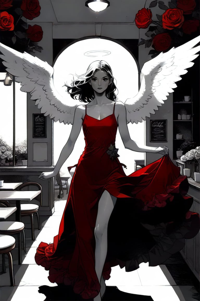 Pretty woman, slim body, red dress, impressive dress, (angel:1.4), walking out of the coffee shop, flowers decoration, natural light. BWcomic