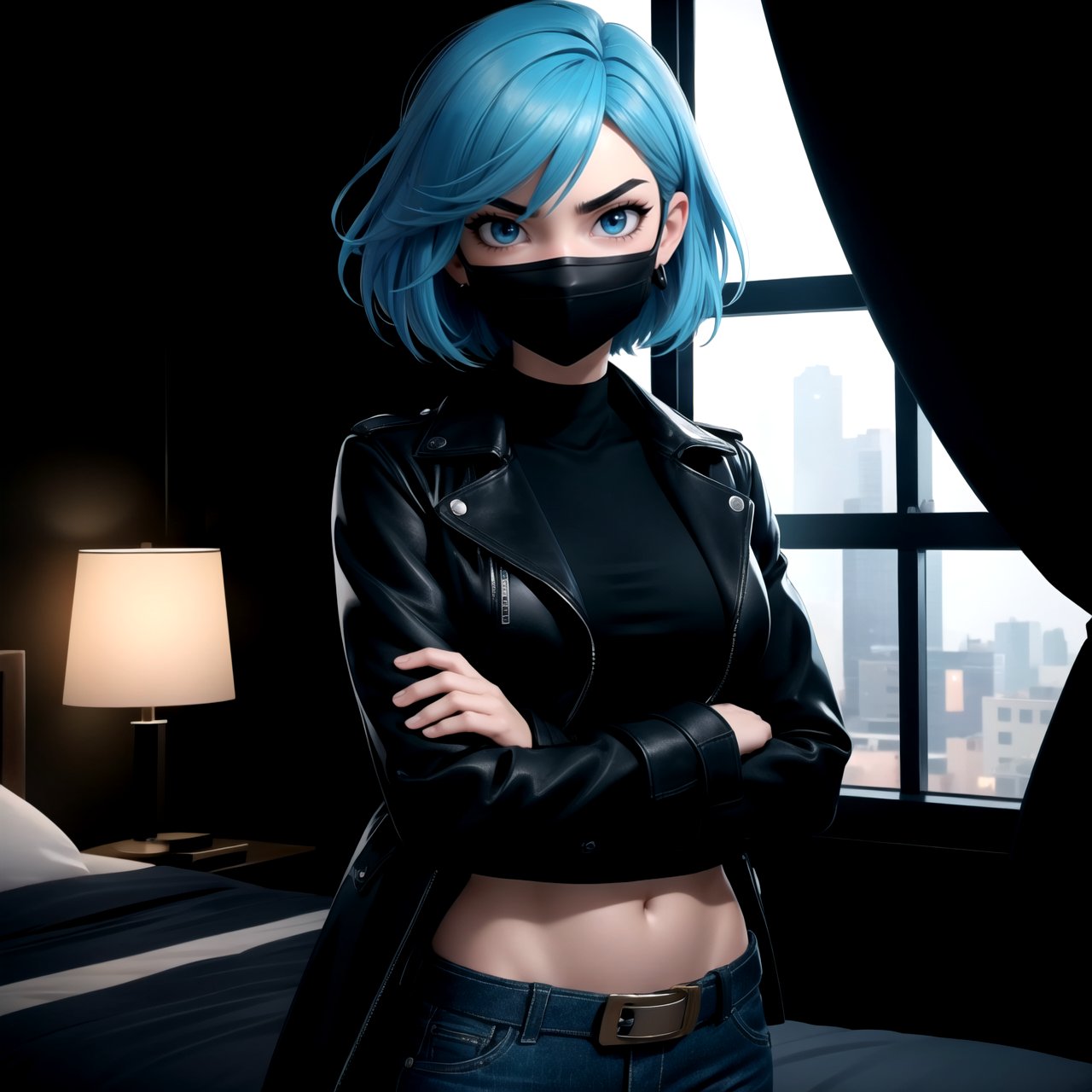 centered, upper body, standing, solo, woman, (arms crossed), (looking at viewer), | (cinematic light), | short hair, light blue eyes, (beautiful detailed eyes), aqua hair color, | (black mouth mask), (open black coat), leather coat, black crop top, midriff, navel, groin, long black jacket, open jacket, lowleg tight jeans, belt, bedridden, frowning, home background, detective girl, gradient, warm light, gloomy atmosphere, long sleeves, looking at viewer, evening, black pants, breasts, evening, v-shaped eyebrows, soft light background, | large window, city view
