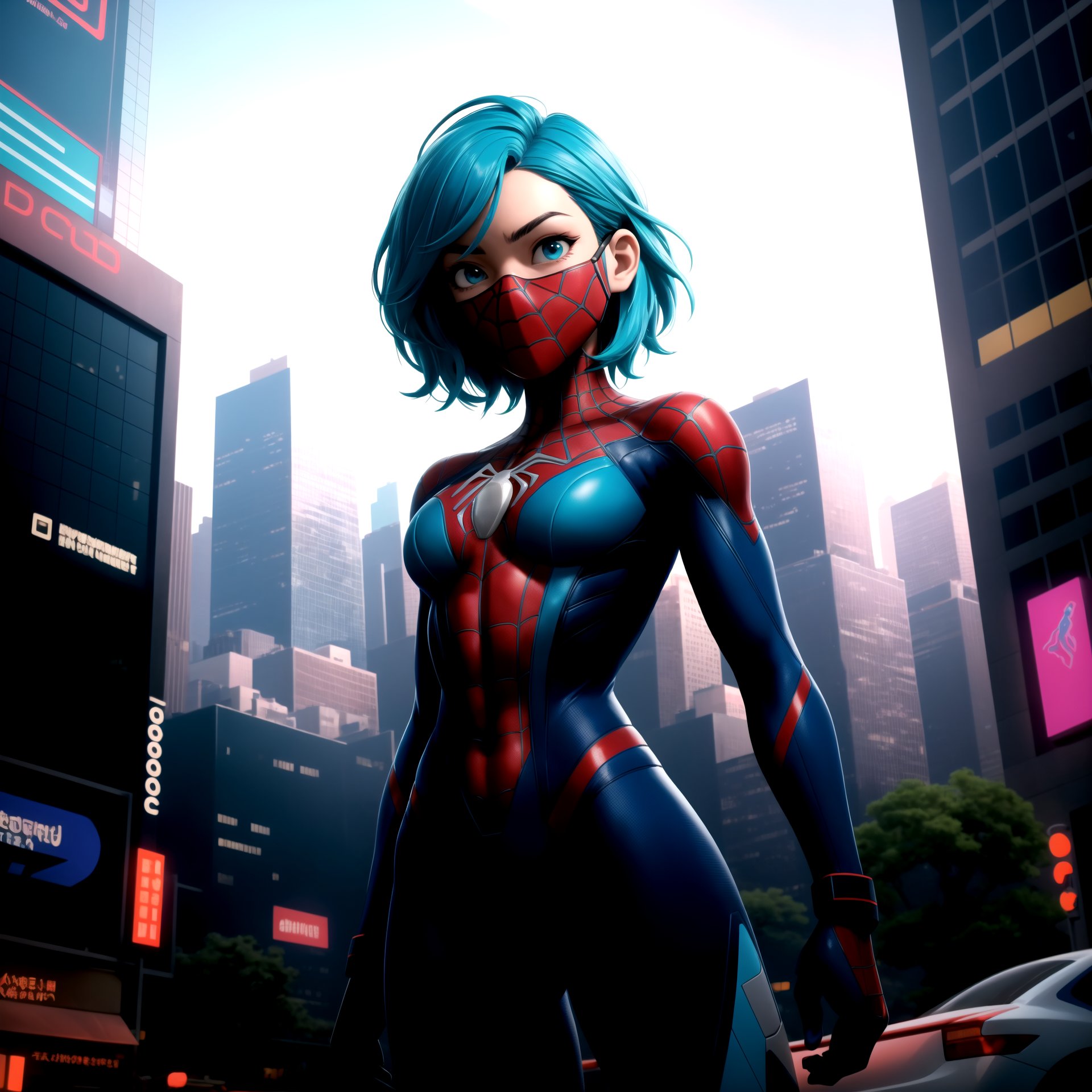frontal view, facing the viewer, (looking at viewer:1.2), centered, upper body, photography, womanman, standing, | (mouth mask), short hair, aqua hair color, light blue eyes, aqua blue spiderman woman, cyperpunk armored spiderman woman suit, tight suit, midriff, navel, groin, neon lights, masked, symetrical, | (sunset), futuristic city, city lights, neon lights, urban, city, buildings, outdoors, park, central park, new york, | bokeh, depth of field, | hyperealistic shadows, | visible mouth