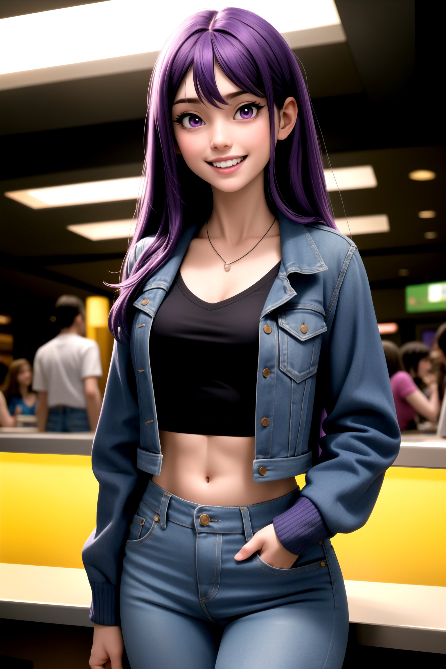 centered, upper body, standing, solo, | adult woman, long hair, (looking at viewer), purple eyes, subtle make up, cute, pure face, smile, open mouth, teeth, | open jersey jacket, crop top, midriff, navel, groing, lowleg tight jeans, lowrise jeans, | cafeteria, mall, indoors, | bokeh, depth of field