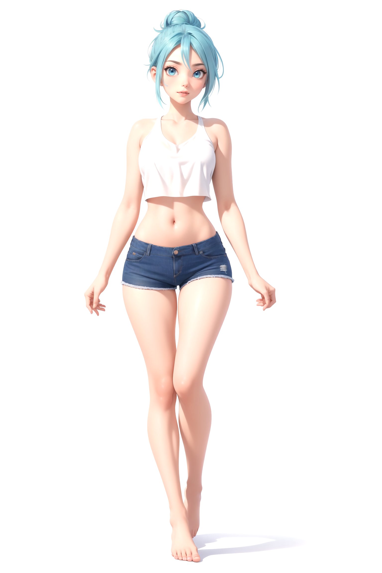 centered, standing, full body, facing viewer, blush, (looking at viewer), arms at sides, | adult woman, 22yo woman, (beautiful detailed eyes), aqua hair color, light blue eyes, girly messy bun hairstyle, | black crop top, (unbuttoned shorts), open shorts, lowleg shorts, (pubic hair, female pubic hair), medium breast, wide hips, thigh gap, midriff, navel, groin, bare legs, barefoot, feet, detailed feet, detailed fingernails, | (white background, simple background:1.2), detailed fingers, |