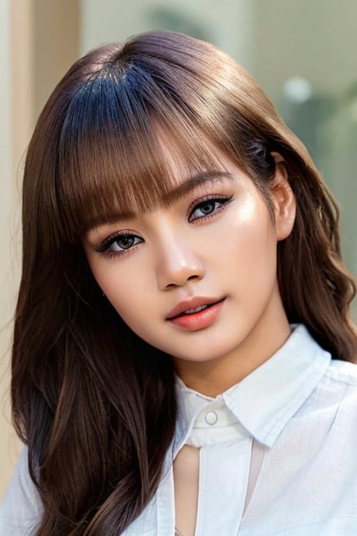 Beautiful thai girl, cerulean eyes, 8k,, petite body, wearing (unbuttoned white shirt), lying down,, soothing tones, high contrast, long brown hair, bangs natural skin texture, highly detailed beautiful face and eyes, detailed skin texture, realistic dull skin noise, visible skin detail, skin fuzz, wearing mini jeans, best quality, hyperrealism, sharp, soft light,perfecteyes eyes,Masterpiece