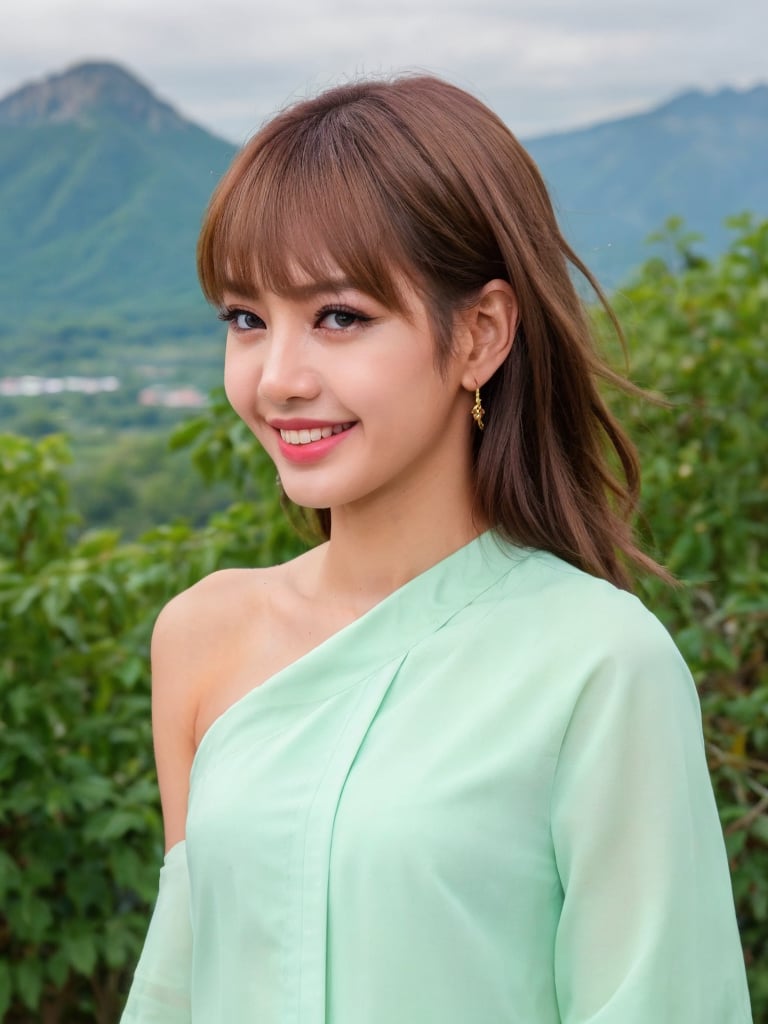  create a photo realistic thai women sincerely smile at viewer. dark brown hair on one shoulder, georgeous, angel, wearing summer dark green blouse, upper body photo ...,photo of perfecteyes eyes,Extremely Realistic, mountains and nature in the background, light falling from right side.,makeup, Masterpiece