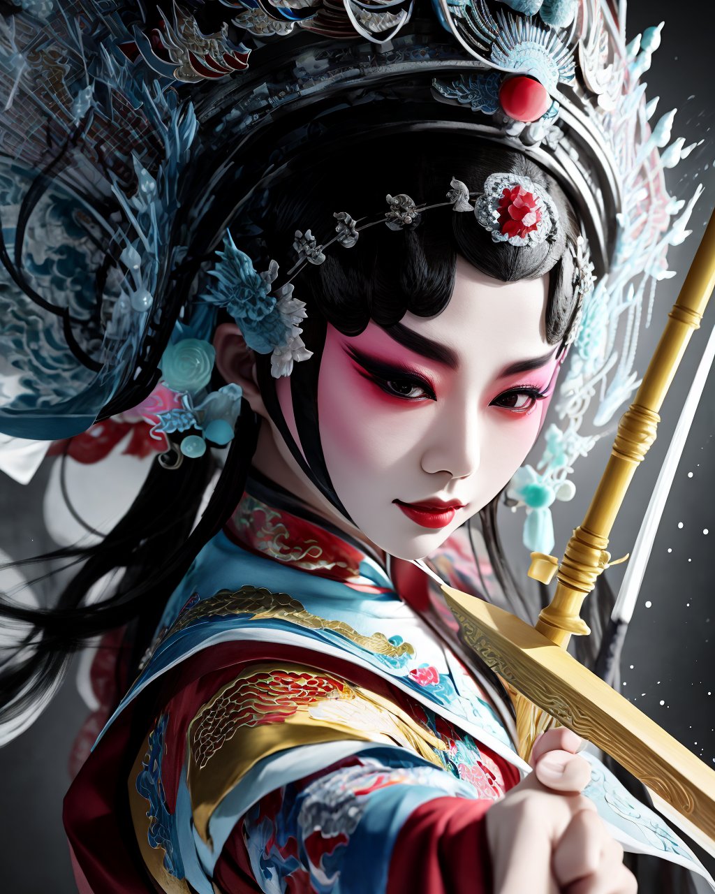 Color Ink Splashing, best quality,masterpiece,highly detailed,ultra-detailed,   <lora:BeijingOpera:1> beijing opera, solo, 1girl, black hair, makeup  ,fighting stance, holding weapon, portrait, <f