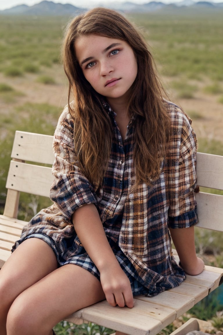 Texas desert, m1ssy, 13 year old, brown hair, realistic skin, detailed eyes, head tilt, sitting, bench, plaid shirt, portrait, 8k uhd, dslr, high quality