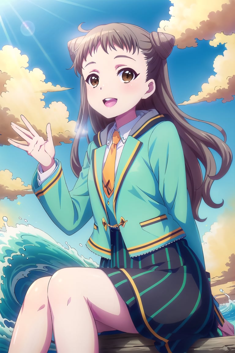 (masterpiece,Best  Quality, High Quality, Best Picture Quality Score: 1.3), (Sharp Picture Quality), brown_hair, long hair, tied hair, Hair tied in a triangle,school uniform, orange tie, Blue-green jacket, Skirt with green and black vertical stripes, best smiles,outdoor,alone,sitting,Blue sky, white clouds,wave one's hand