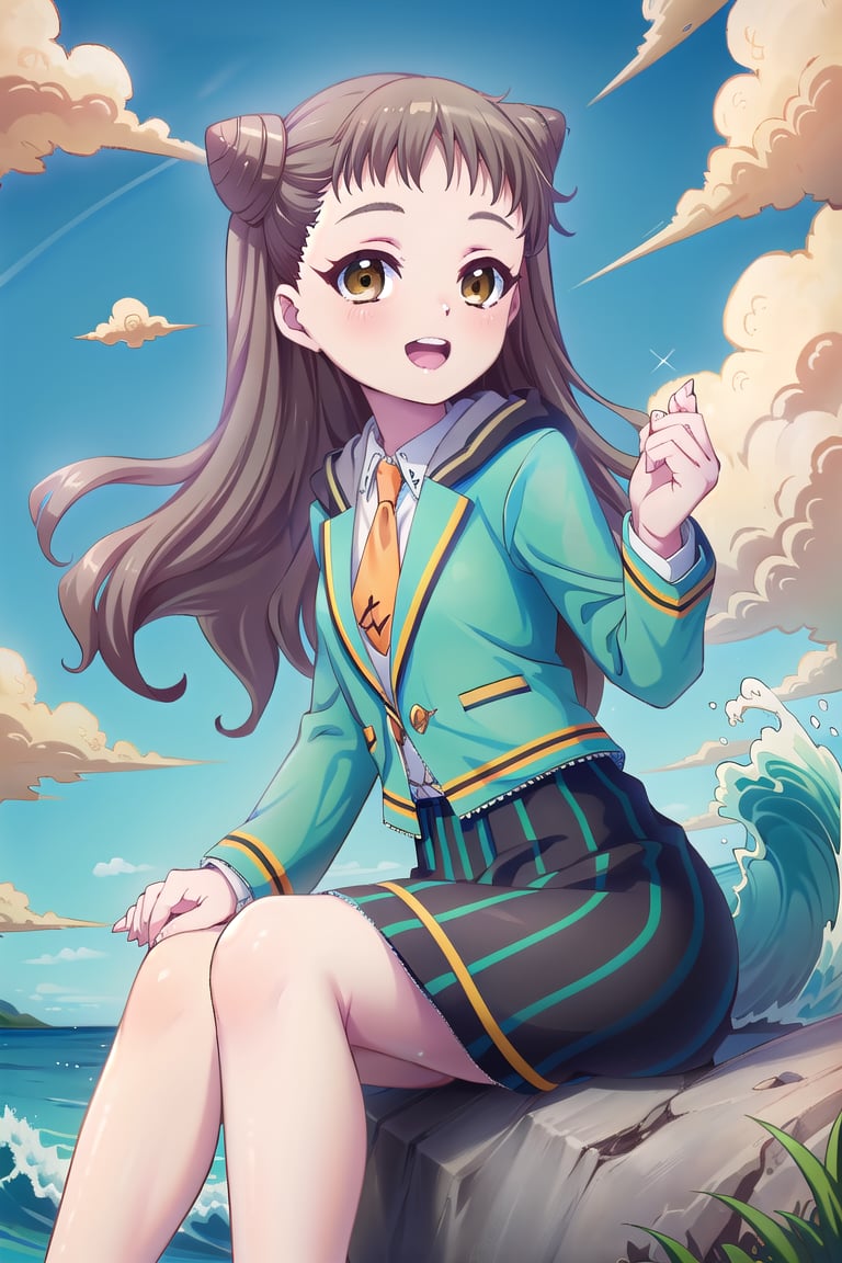 (masterpiece,Best  Quality, High Quality, Best Picture Quality Score: 1.3), (Sharp Picture Quality), brown_hair, long hair, tied hair, Hair tied in a triangle,school uniform, orange tie, Blue-green jacket, Skirt with green and black vertical stripes, best smiles,outdoor,alone,sitting,Blue sky, white clouds,wave one's hand