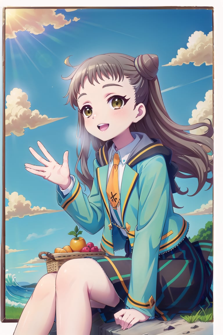 (masterpiece,Best  Quality, High Quality, Best Picture Quality Score: 1.3), (Sharp Picture Quality), brown_hair, long hair, tied hair, Hair tied in a triangle,school uniform, orange tie, Blue-green jacket, Skirt with green and black vertical stripes, best smiles,outdoor,alone,sitting,Blue sky, white clouds,wave one's hand