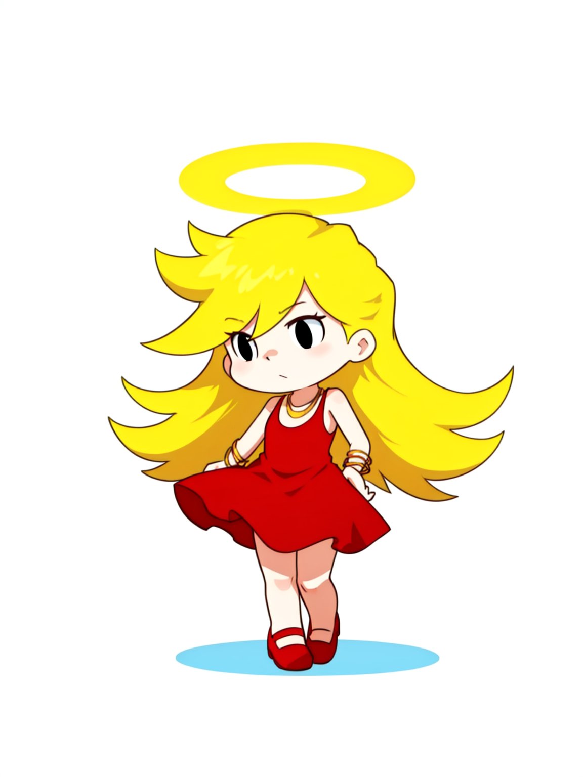 <lora:PSG_Panty-V2:1> anarchypanty, solo, blonde, long hair, halo, red dress, bracelet, necklace, red footwear, full body, white background, chibi style