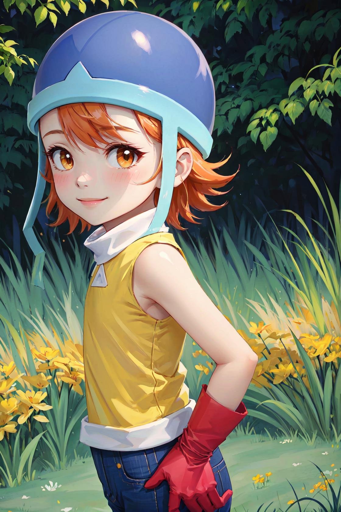 masterpiece, best quality, highres,SoraDef, 1girl, solo, blush, smile, short hair, orange hair, helmet, orange eyes, digimon,yellow shirt, shirt, sleeveless, pants, jeans, red gloves,cowboy shot, looking at viewer, standing at attention, outdoors, grass, field, forest, sunlight, sky, blue sky, <lora:Sora:1>