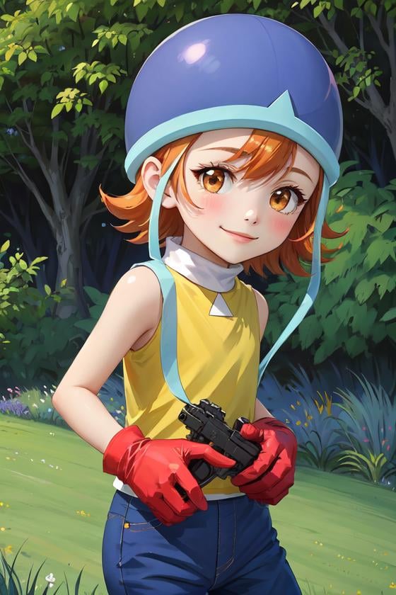masterpiece, best quality, highres,SoraDef, 1girl, solo, blush, smile, short hair, orange hair, helmet, orange eyes, digimon,yellow shirt, shirt, sleeveless, pants, jeans, red gloves, gloves,cowboy shot, looking at viewer, standing at attention, outdoors, grass, field, forest, sunlight, sky, blue sky, <lora:Sora:1>