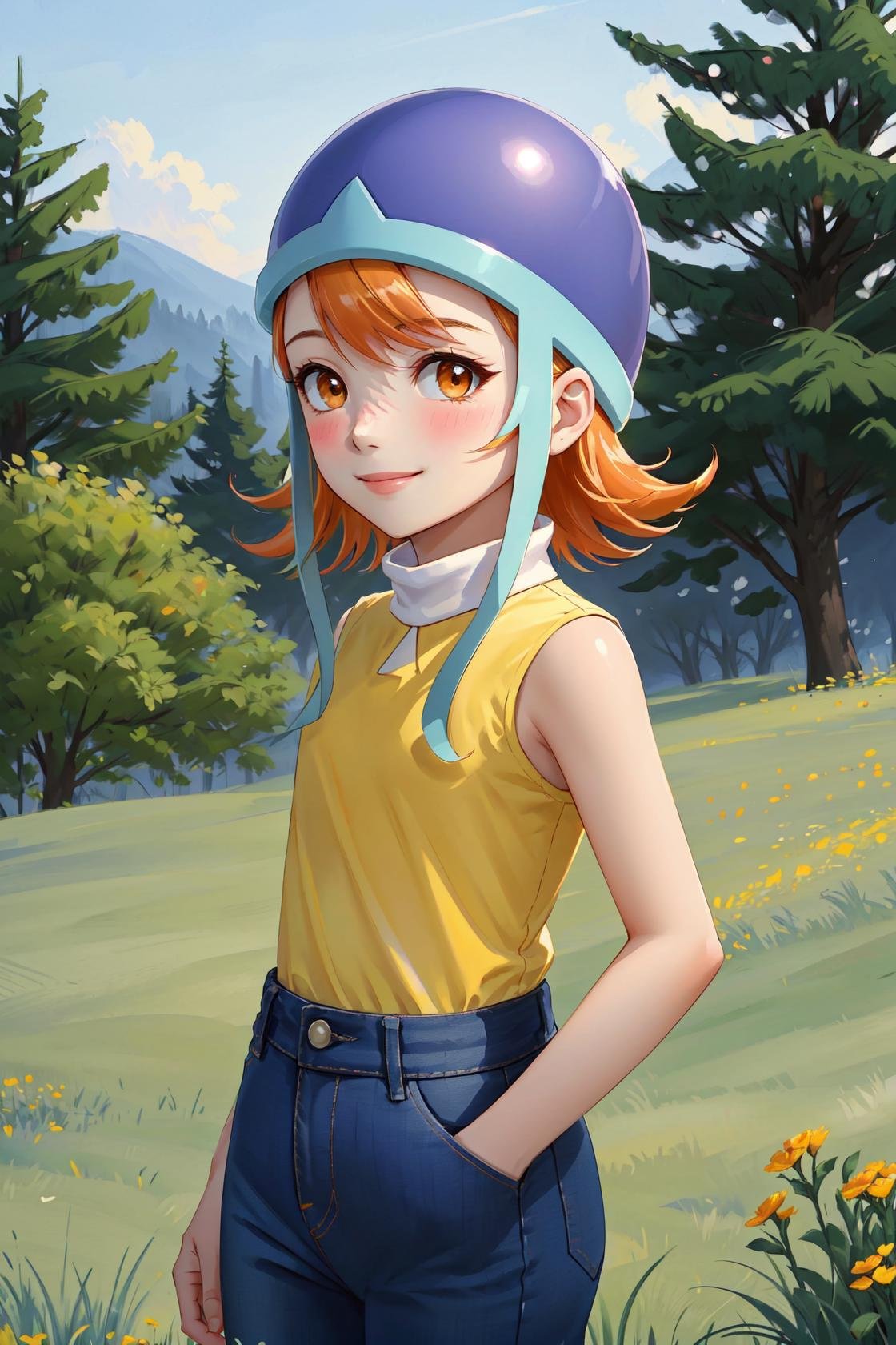 masterpiece, best quality, highres,SoraDef, 1girl, solo, blush, smile, short hair, orange hair, helmet, orange eyes, digimon, yellow shirt, shirt, sleeveless, pants, jeans,cowboy shot, looking at viewer, standing at attention, outdoors, grass, field, forest, sunlight, sky, blue sky, <lora:Sora:1>