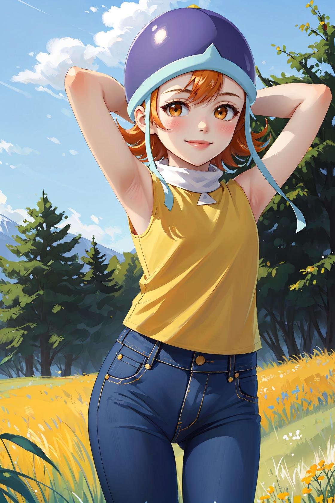 masterpiece, best quality, highres,SoraDef, 1girl, solo, blush, smile, short hair, orange hair, helmet, orange eyes, digimon, yellow shirt, shirt, sleeveless, pants, jeans,cowboy shot, arms behind head, arms_up, looking at viewer, outdoors, grass, field, forest, sunlight, sky, blue sky, <lora:Sora:1>