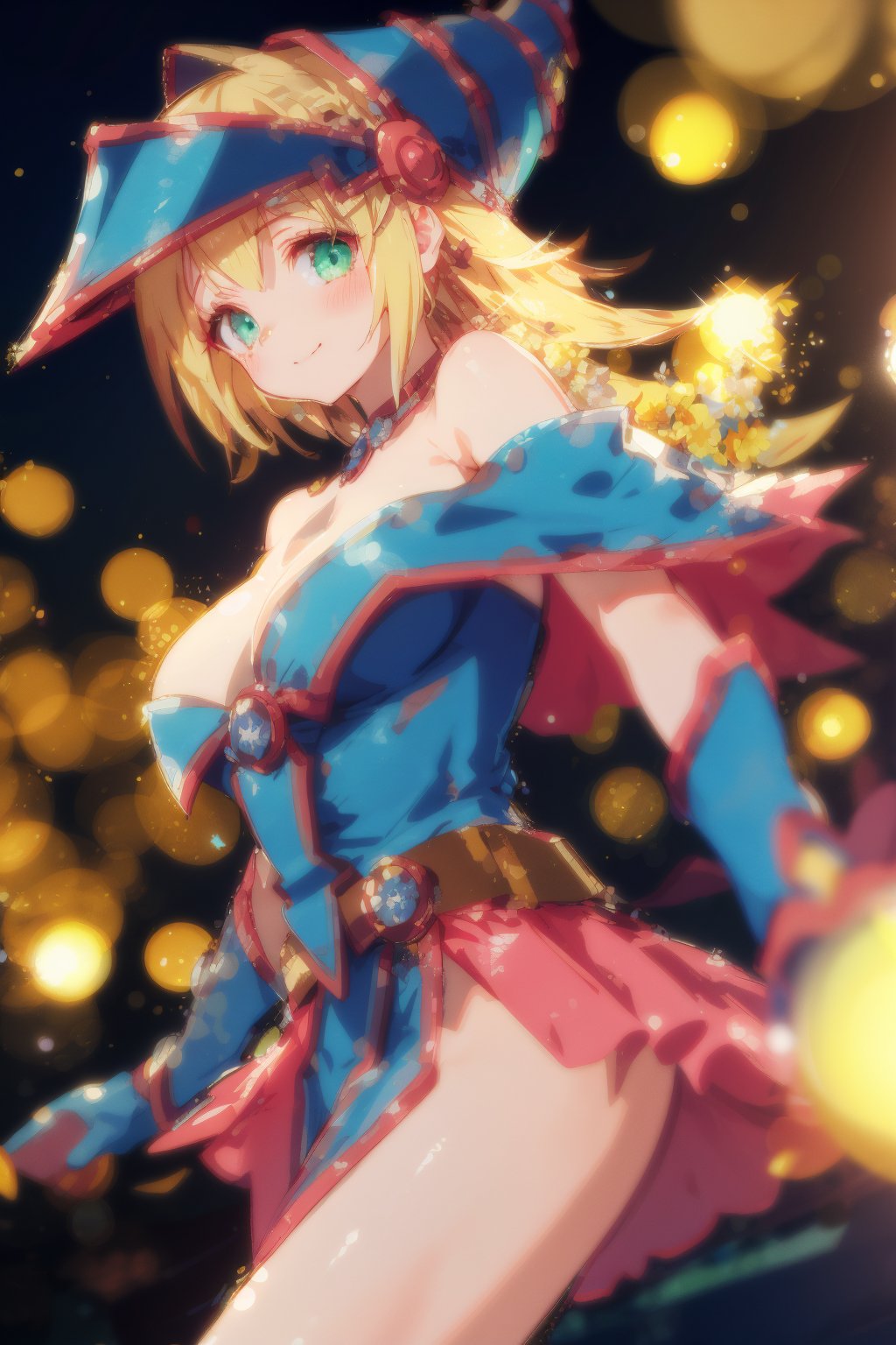 masterpiece, best quality, wallpaper, ray tracing,bokeh,float,1 girl, solo,dark magician girl, breasts, blurry, blush, looking at viewer,blonde hair,headwear,yu-gi-oh!, beautiful detailed eyes, smile, closed mouth,yellow flowers, (night:1.3), intricate, bokeh,cinematic lighting, radiosity,cowboy shot,neon lights, cityscape, depth of field,shadows, sharp focus,good composition, green glowing light,<lora:dark_magician_girl_offset:0.95>