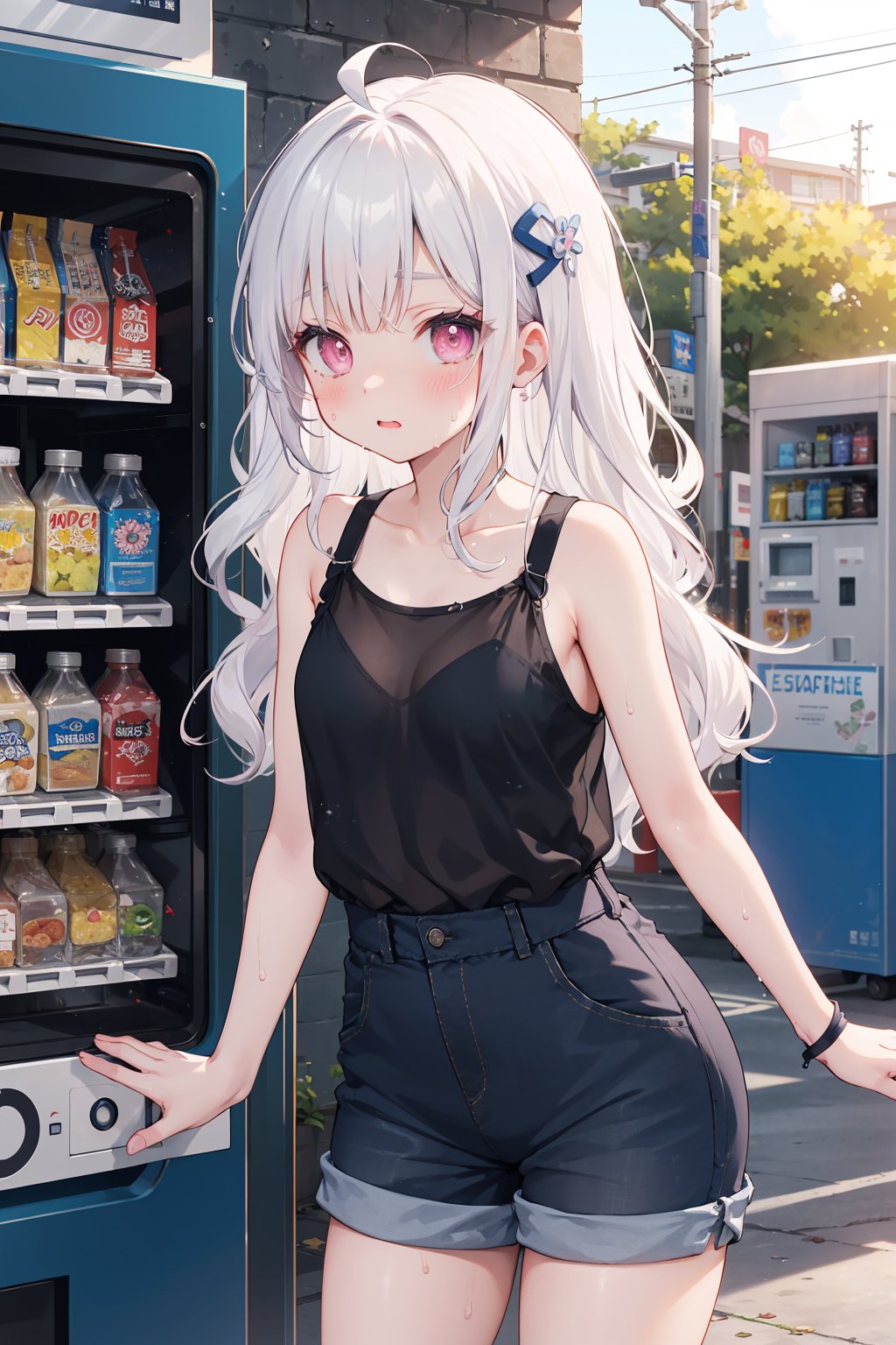 masterpiece, best quality, kawaii background, wallpaper, ray tracing,bokeh,1girl,white hair,pink eyes,long eyelashes,ahoge,hair_ornament,wavy_hair,((cute)),shy, Blush Eyeshadow With Thick Eyelashes, Sweat Wet, (See-Through Tank Top:1.05), Slim Waist,Straps Short Pants, (Summer Sweltering:1.1), Front Of Rustic Small Snack Shop Under Sunlight, Side Vending Machine,