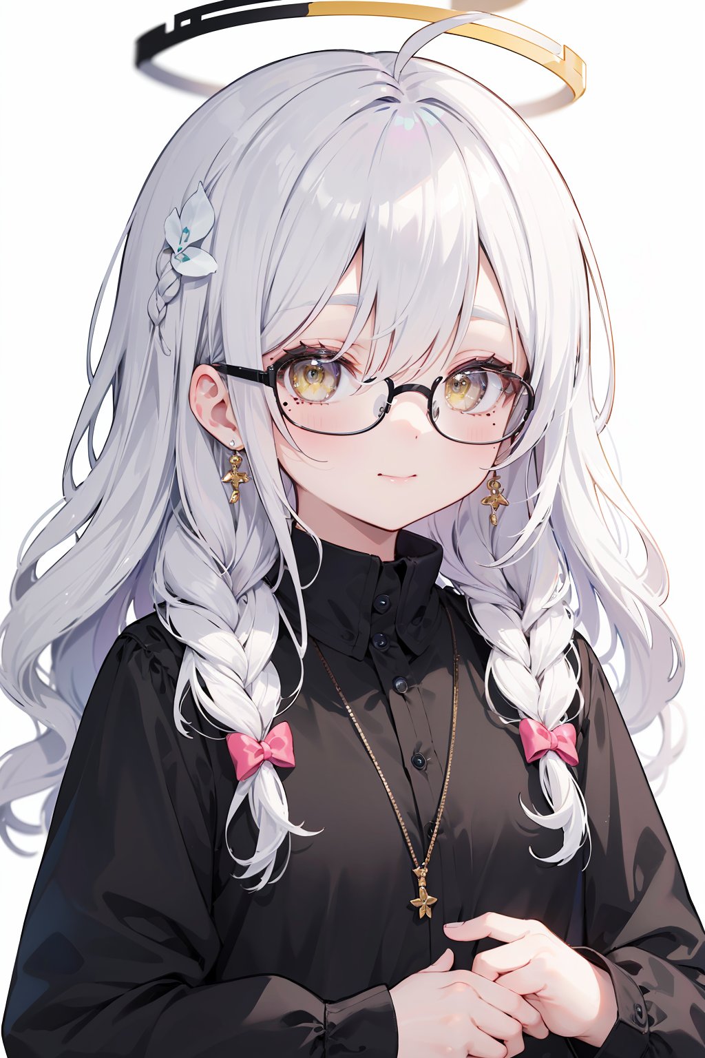 masterpiece, best quality, kawaii background, wallpaper, ray tracing,bokeh,1loli, white hair,yellow eyes,long eyelashes,ahoge,hair_ornament,wavy_hair,cute,shy,bangs, braid, closed_mouth, earrings,eyebrows_visible_through_hair, glasses, hair_between_eyes, halo,jewelry, looking_at_viewer, mole, mole_under_eye,simple_background,light smile, solo, white_background