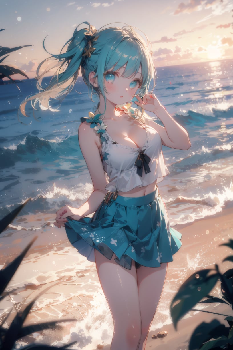 masterpiece, best quality, wallpaper, ray tracing,bokeh,float,perspective, depth of field, cowboy shot, pose,1girl, luminous eyes, perfect female body, breasts, cleavage, seductive expression, aqua skirt, Two side up, Khaki hair,in hawaii,outdoors, dusk, ocean,<lora:add_detail:0.2> <lora:Blurry eyes:0.7> <lora:midjourney:0.5>