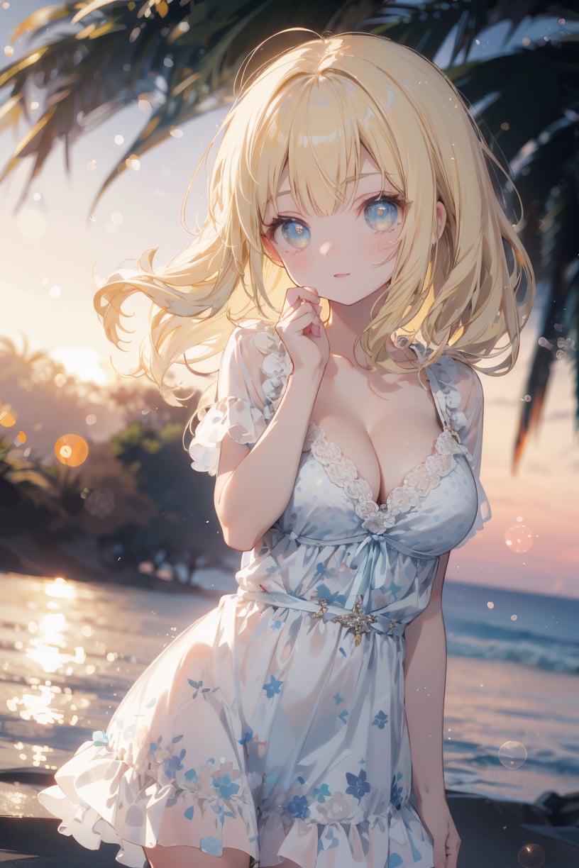 masterpiece, best quality, wallpaper, ray tracing,bokeh,float,perspective, depth of field, cowboy shot, pose,1girl, luminous eyes, perfect female body, breasts, cleavage, seductive expression, polka dot dress, Big hair, Light yellow hair,in hawaii,outdoors, dusk, ocean,<lora:add_detail:0.2> <lora:Blurry eyes:0.7> <lora:midjourney:0.4>