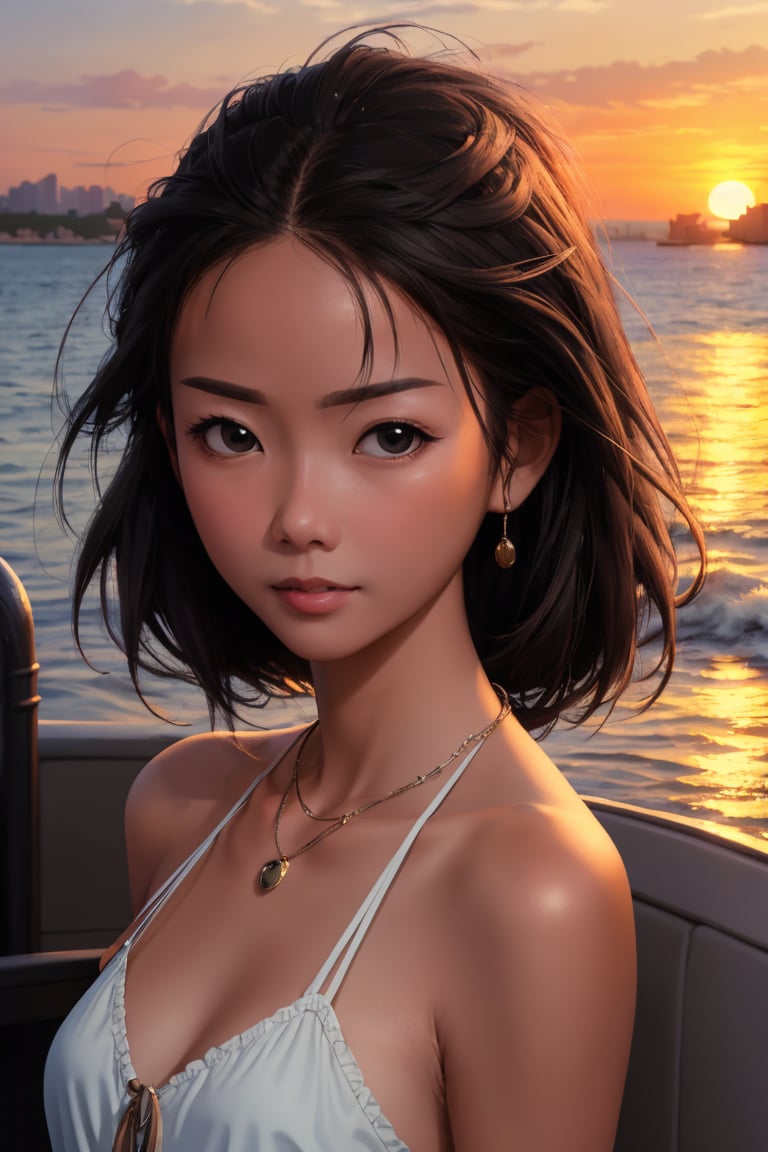 necklace, (((Masterpiece))) , 
,MagenFace, face only, headshot,  sunset, by the sea, boat