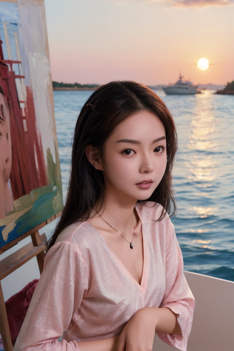 necklace, (((Masterpiece))) , 
,MagenFace, face only, headshot,  sunset, by the sea, boat,anime, painting, illustration, V neck pink blouse,