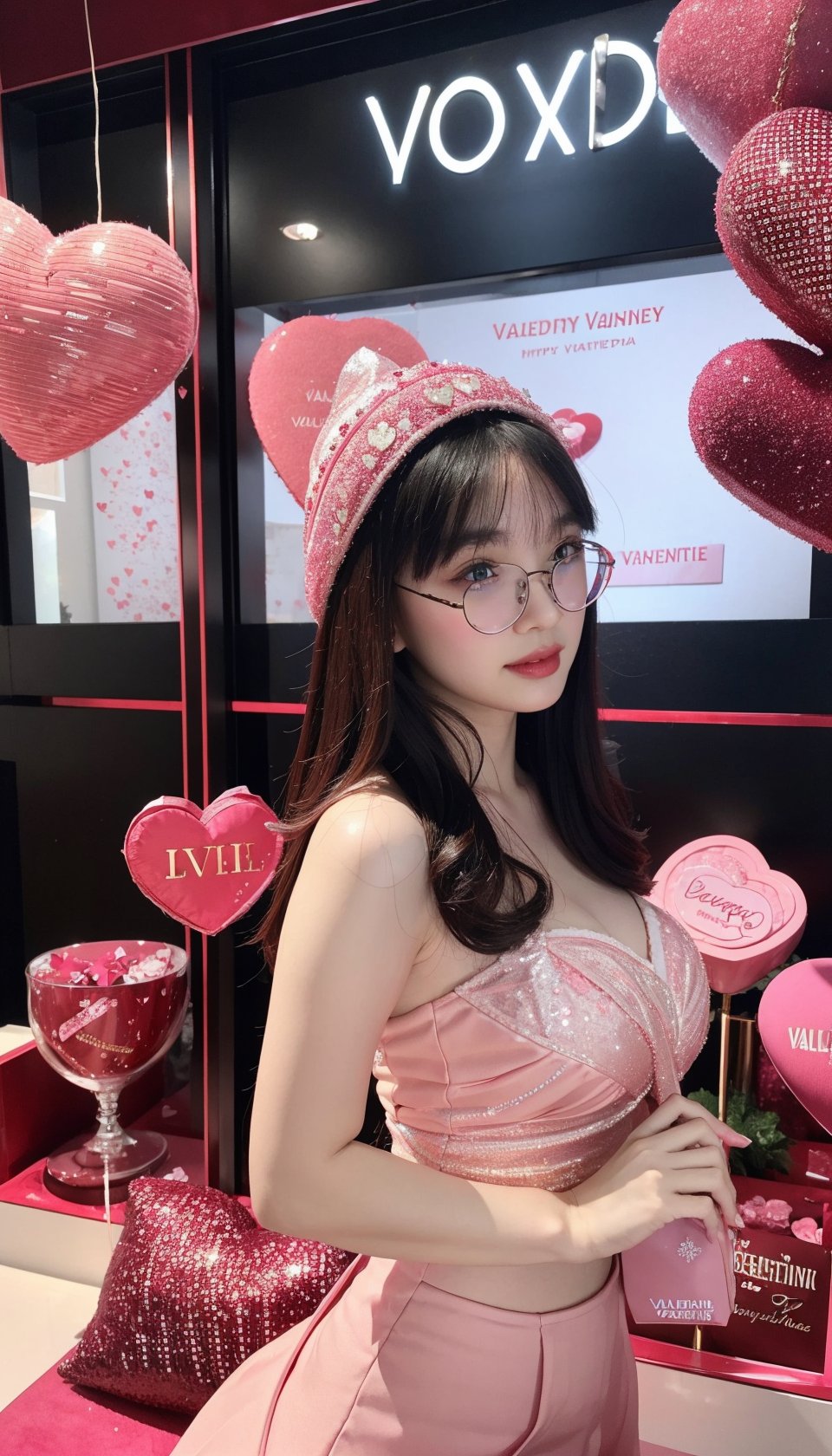 (masterpiece, top quality, best quality, official art, beautiful and aesthetic:1.2), hdr, high contrast, wideshot, 1girl, long black straight hair with bangs, clearly brown eyes, longfade eyebrow, soft make up, ombre lips, large breast, hourglass body, finger detailed, BREAK wearing pink dress, (luxury valentine day theme:1.5), light smile, pink rose flower decoration, pink ribbon decoration, background detailed, by KZY, BREAK frosty, ambient lighting, extreme detailed, cinematic shot, realistic ilustration, (soothing tones:1.3), (hyperdetailed:1.2),truebeauty,sabrinaanggraini,creamnoeyy,<lora:EMS-302563-EMS:0.800000>