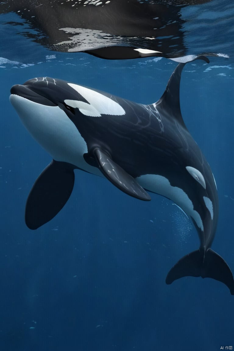 masterpiece,4k, orca,White eye spots,(White abdomen:1.2),Whale Tail,The back is black,Breathing hole,Black fins,whale,full body,best quality,<lora:EMS-302569-EMS:0.800000>