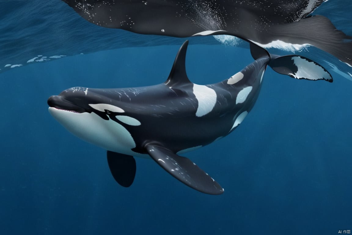 masterpiece,4k, orca,White eye spots,(White abdomen:1.2),Whale Tail,The back is black,Breathing hole,Black fins,whale,full body,best quality,no human,<lora:EMS-302569-EMS:0.800000>