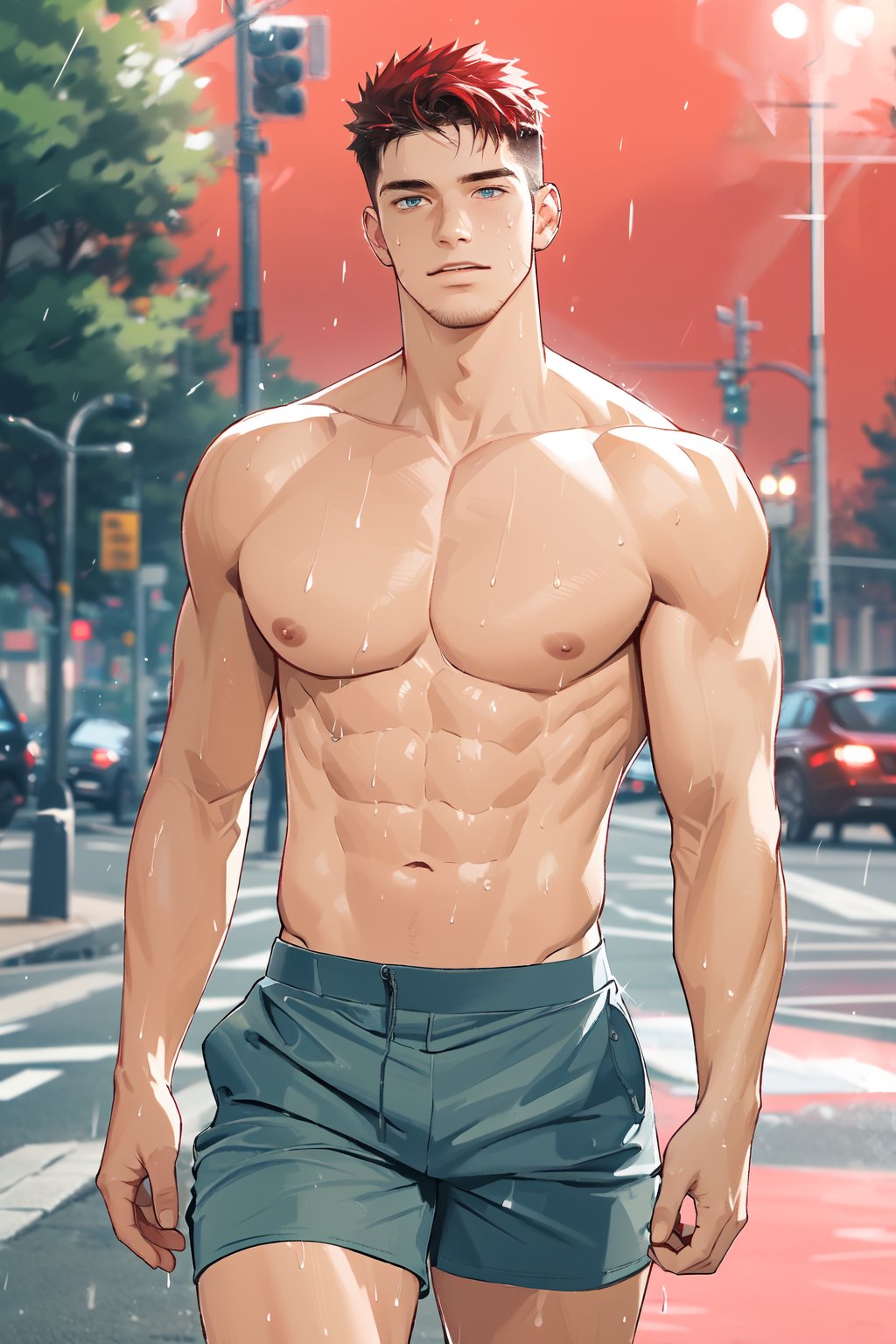 1boy,red background,absurdres,masterpiece,highres,intricately detailed,a gay man,sexy,muscular,strutting outdoors,gorgeous eyes,detailed face,pouring rain,outdoors,global illumination,subsurface scattering,upper_body,