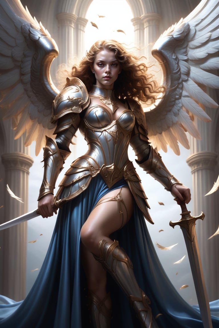 female angel, pretty body, silk armor, silk floating, wings, sword, divine, royal armor, surreal, hair floating