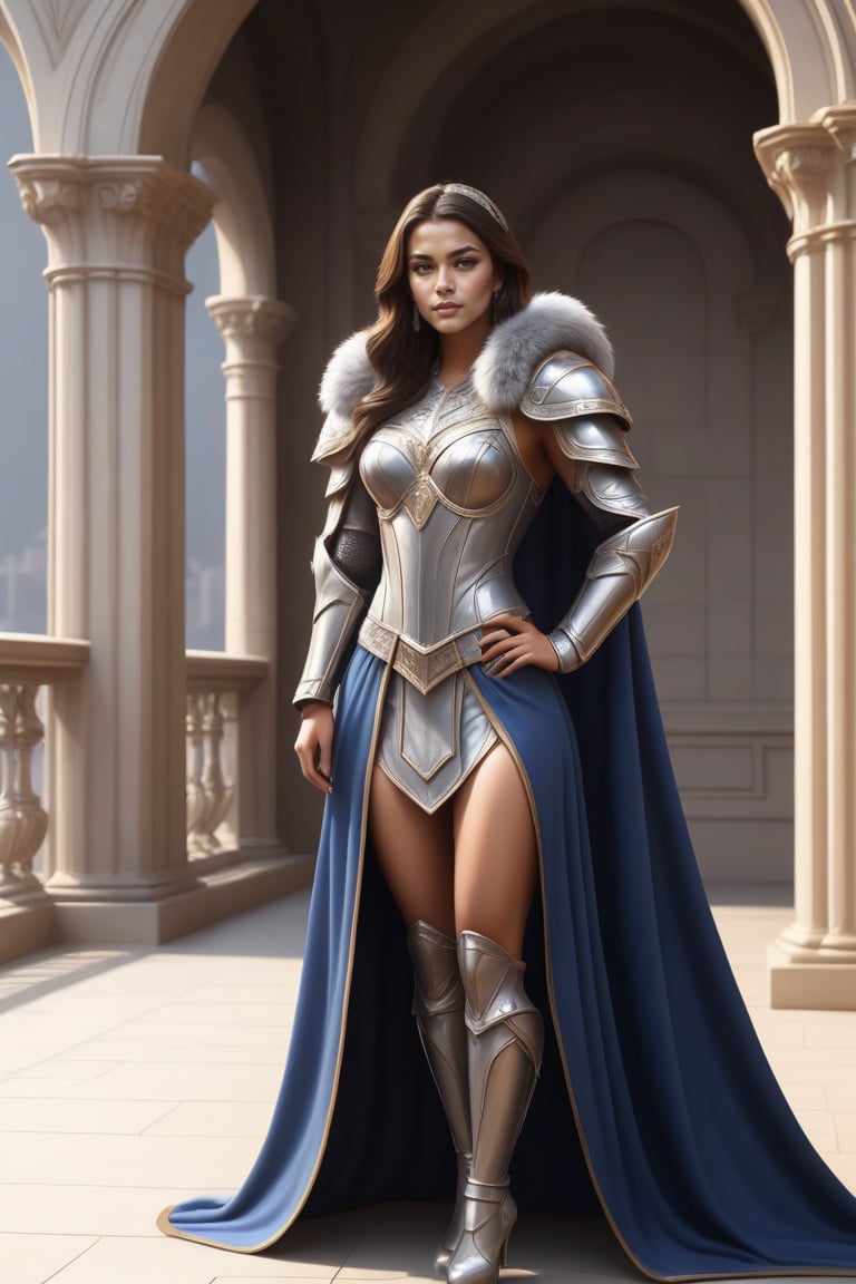 1 girl, (female genaral), epic posing on the top of the buildding balcony stage, straight view, fur trim, cape, gray iron wall. (royal armor:1.4),more detail XL