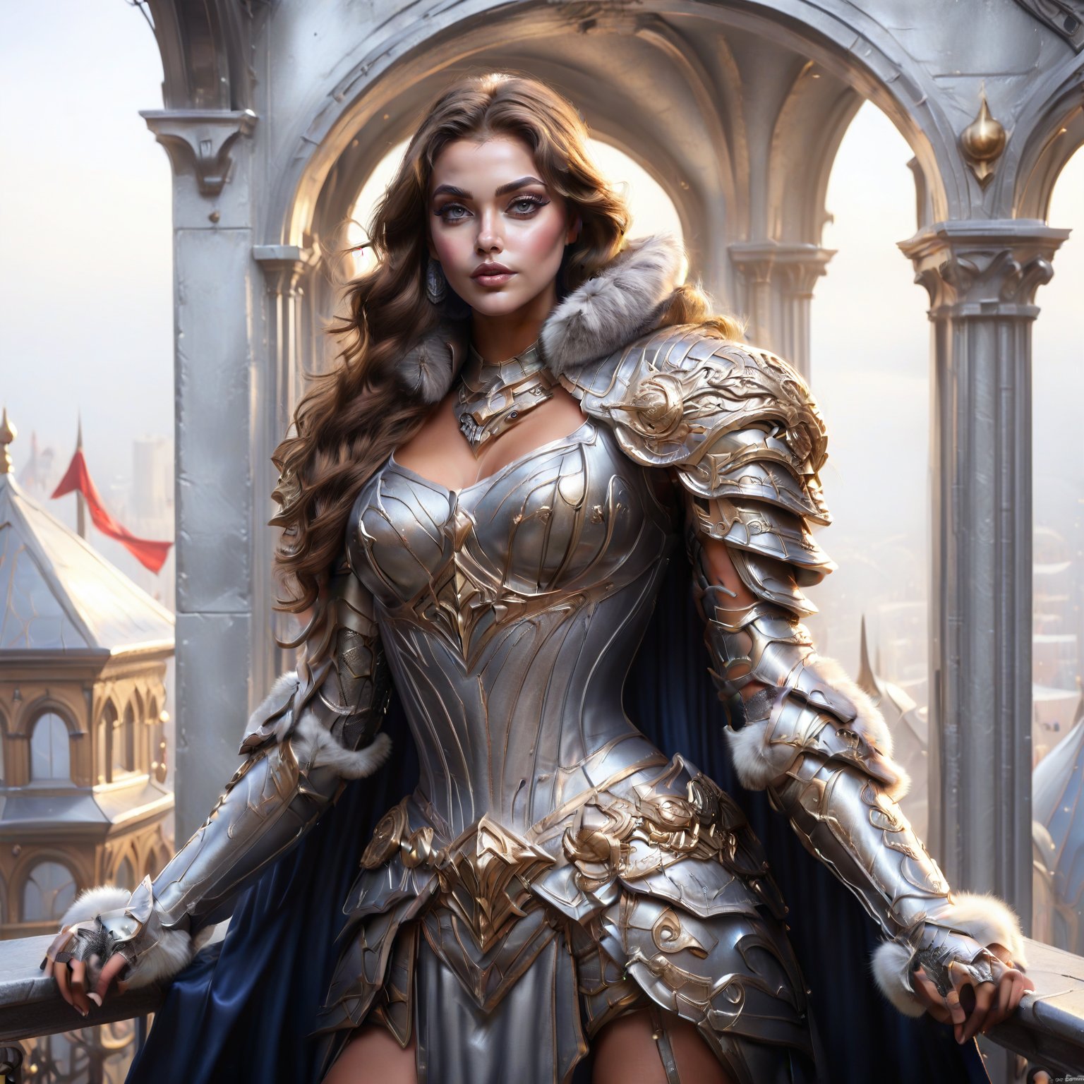 1 girl, (female genaral), epic posing on the top of the buildding balcony stage, straight view, fur trim, cape, gray iron wall. (royal armor:1.4),more detail XL