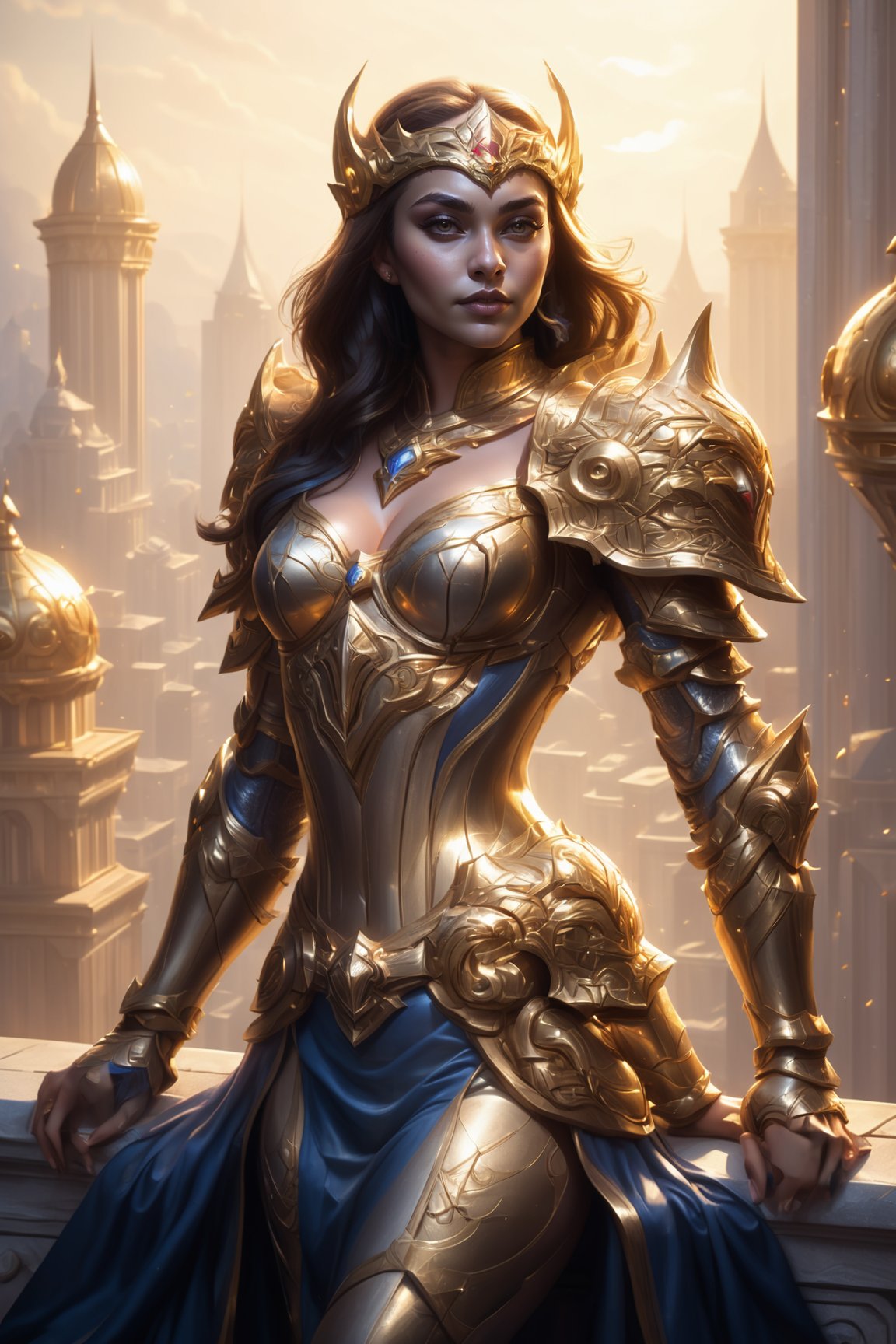 league of legends artwork,
1 girl, (female genaral), epic posing on the top of the buildding balcony stage, straight view, golden armor, luxury. royal armor, intricate armor,more detail XL