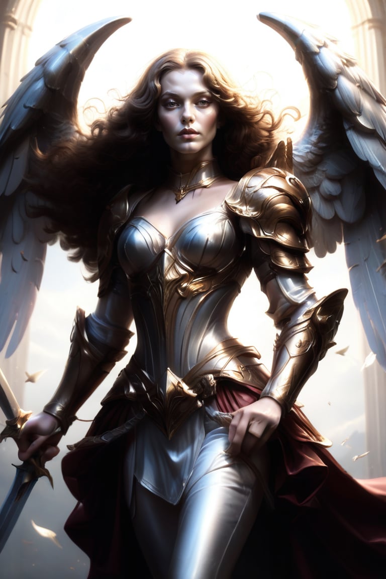 female angel, pretty body, silk armor, silk floating, wings, sword, divine, royal armor, surreal, hair floating