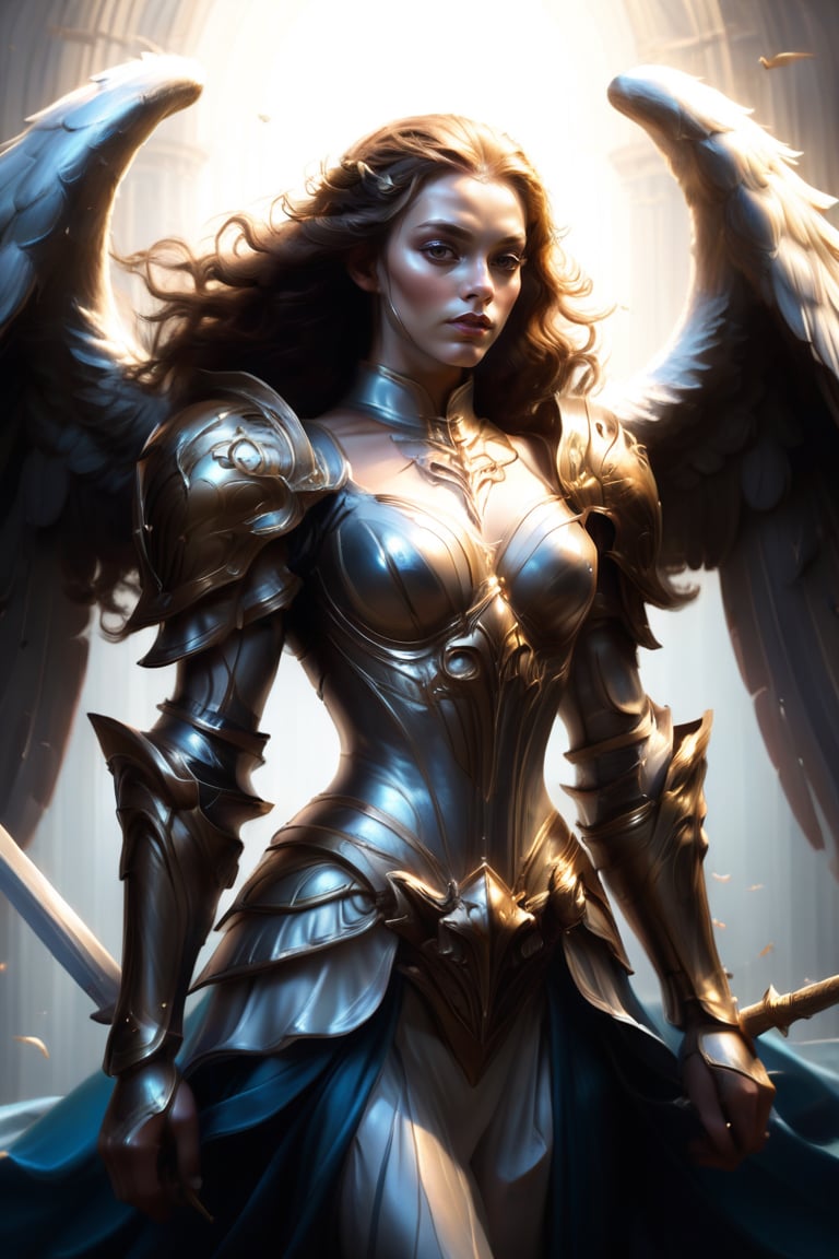 female angel, pretty body, silk armor, silk floating, wings, sword, divine, royal armor, surreal, hair floating