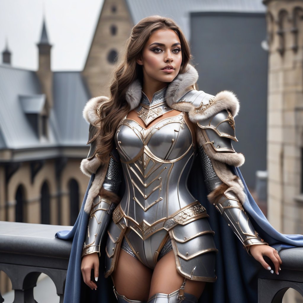 1 girl, (female genaral), epic posing on the top of the buildding balcony stage, straight view, fur trim, cape, gray iron wall. (royal armor:1.4),more detail XL