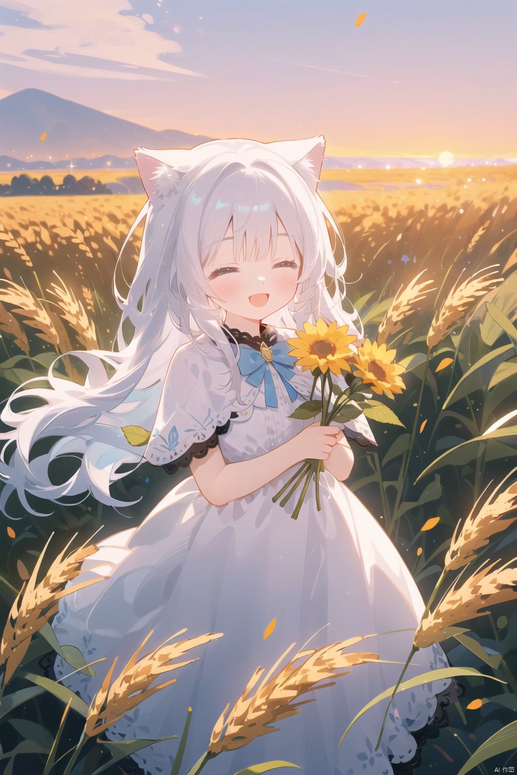  (drawn by Lynn Okamoto),center frame, sharp focus, (panorama, wide shot), best quality, masterpiece, extremely detailed, detailed background, (from above:1.2), 1girl, catgirl,solo,loli,blue eyes,white hair, closed eyes, smile, open mouth, skirt, long hair, wavy hair, on side, fluffy hair, , french , blush, smile, capelet, lace trim, bodice, sunset, long dress, dusk, scenery, gold sky, high place, horizon, wheat field, wheat ears, wind, wind blow, looking at viewer, (depth of field), bokeh, (holding a flower:1.3), (holding:1.2),(medium):0.5,
