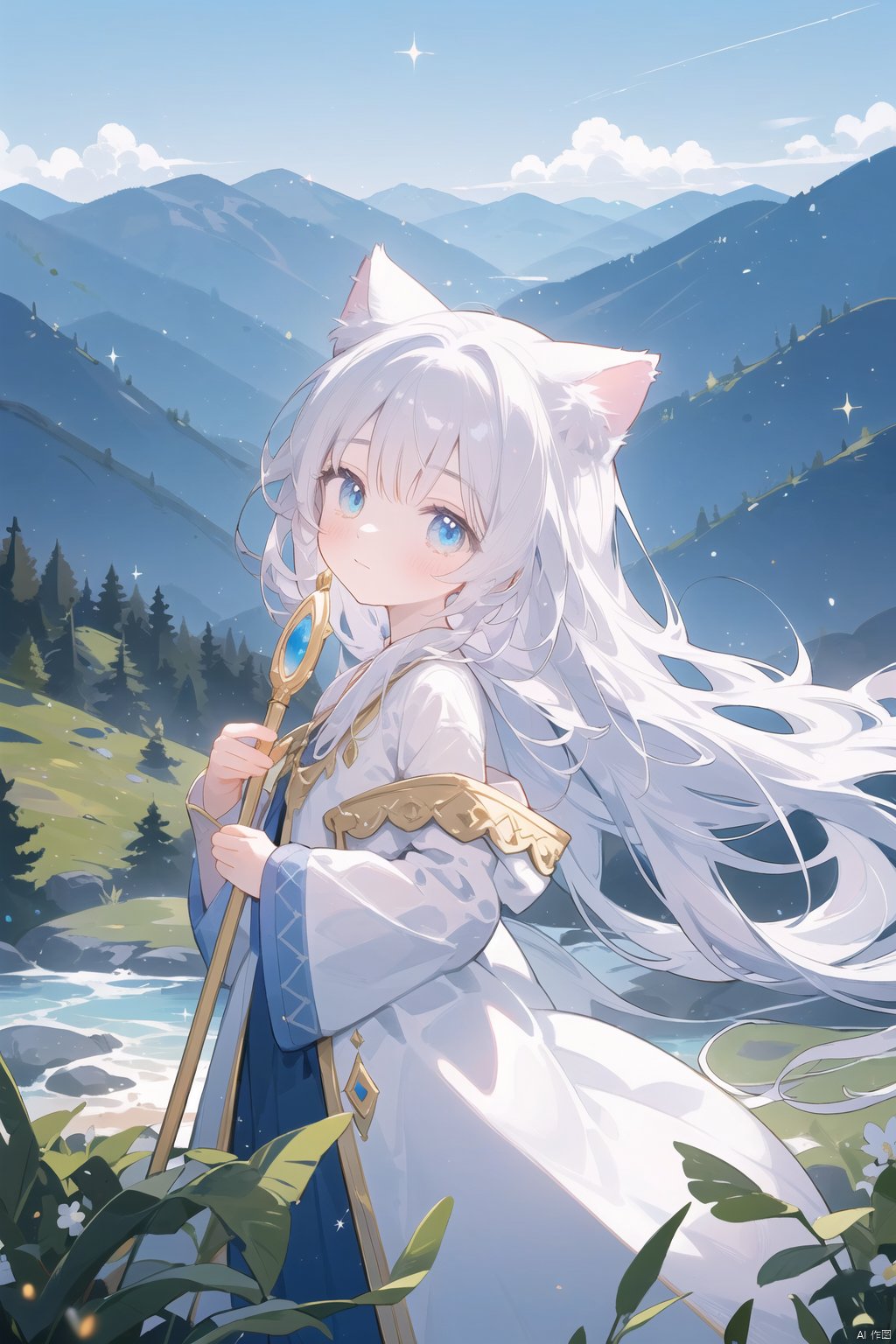  (a magical cat girl in wizard attire amidst majestic mountains:1.2), a breathtaking scene unfolds as a white-haired cat girl, adorned in a mesmerizing wizard's outfit, finds herself amidst towering mountains, (a mystical realm of nature's beauty:1.2), where the mountains stand tall and proud, veiled in an aura of enchantment and wonder, (elegant robes blending with the landscape:1.1), her flowing wizard robes harmonizing with the earthy tones of the mountains, (whimsical cat ears and tail contrasting with the grandeur:1.1), her playful feline features adding a touch of charm to the majestic scenery, (sparkling magical artifacts resonating with nature:1.1), her staff emitting a soft glow that resonates with the energy of the mountains, (wise and serene expression amidst the grandeur:1.1), her eyes reflecting a deep connection with the natural world, (dynamic pose embracing the mountain's power:1.1), capturing the cat girl's grace and harmony as she harnesses the magic of the mountains, inviting viewers to embark on a mystical journey through nature's realm, creating a moment of awe and reverence., 372089
