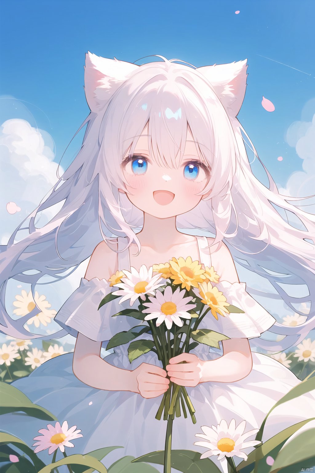 best quality, amazing quality, very aesthetic, 1girl, flower, white_dress, blue_eyes, dress, blue_hair, long_hair, open_mouth, smile, hair_between_eyes, :d, white_flower, holding, flower_field, field, looking_at_viewer, floating_hair, short_sleeves, copyright_name, eyepatch, outdoors, petals, very_long_hair, bangs, solo_focus, holding_flower, blush, blurry_foreground, ribbon, neck_ribbon, collarbone, pov, shiny, daisy, animal_ears, shiny_hair, pink_flower