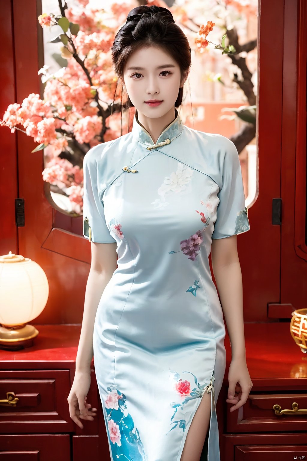  1girl,fair_skin,shiny_skin,white_marble_glowing_skin,curvy,long hair,makeup,flower-shaped pupils,big breasts,china_dress,print_cheongsam,chinese_style,huge filesize,wallpaper,real,available light,reality,realistic,simple_background, 1girl,moyou