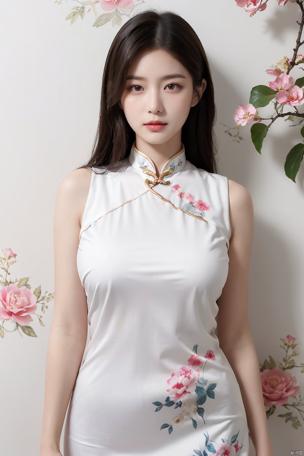  1girl,fair_skin,shiny_skin,white_marble_glowing_skin,curvy,long hair,makeup,flower-shaped pupils,big breasts,china_dress,print_cheongsam,chinese_style,huge filesize,wallpaper,real,available light,reality,realistic,simple_background, 1girl,moyou